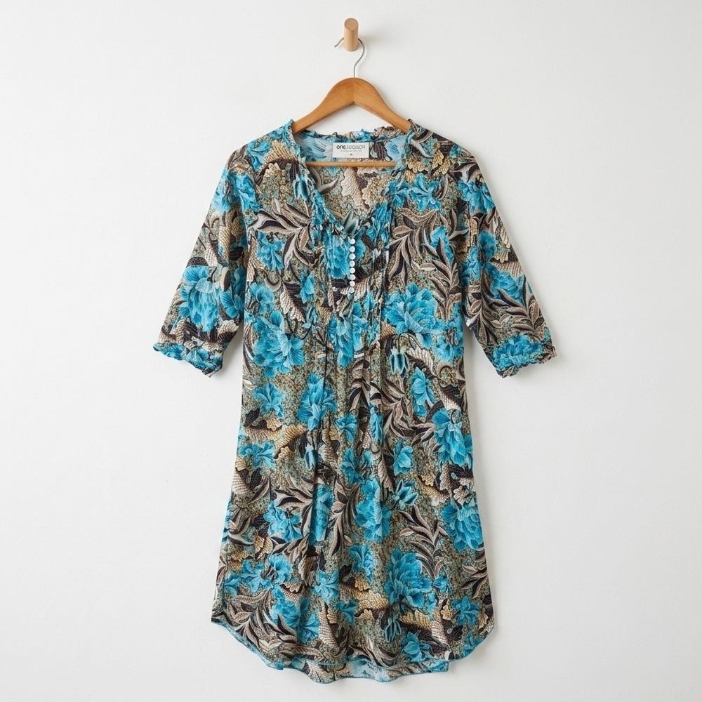 Oneseason Australia 100% Cotton Dress Medium Blue Floral Beach Cover Up Tunic